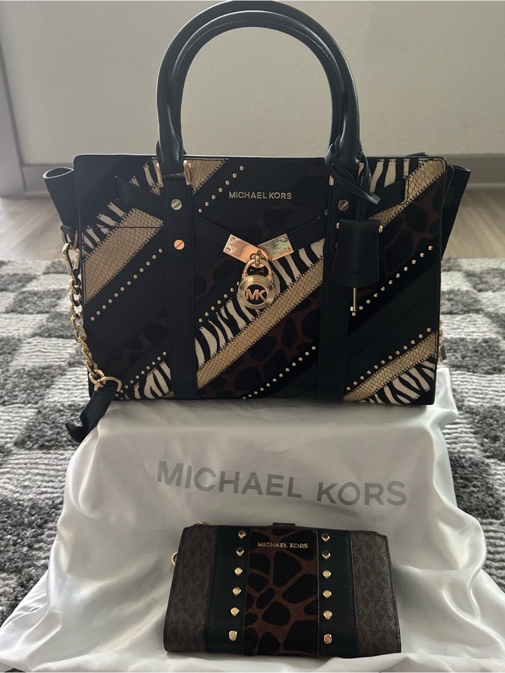 Michael Kors Black, Brown & White Animal-Print Saffiano Tote